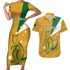 Custom Australia Rugby Couples Matching Short Sleeve Bodycon Dress and Hawaiian Shirt 2024 Wallabies Grunge Style