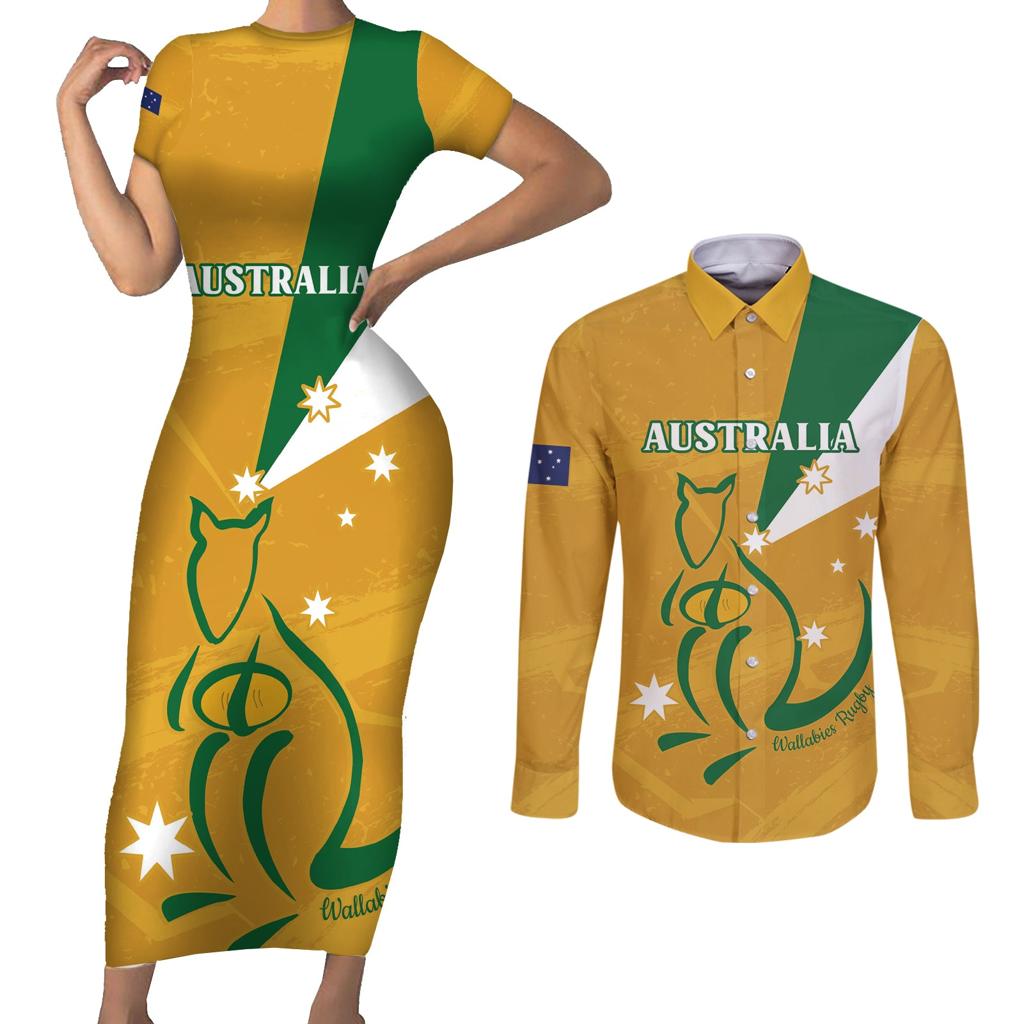 Custom Australia Rugby Couples Matching Short Sleeve Bodycon Dress and Long Sleeve Button Shirt 2024 Wallabies Grunge Style