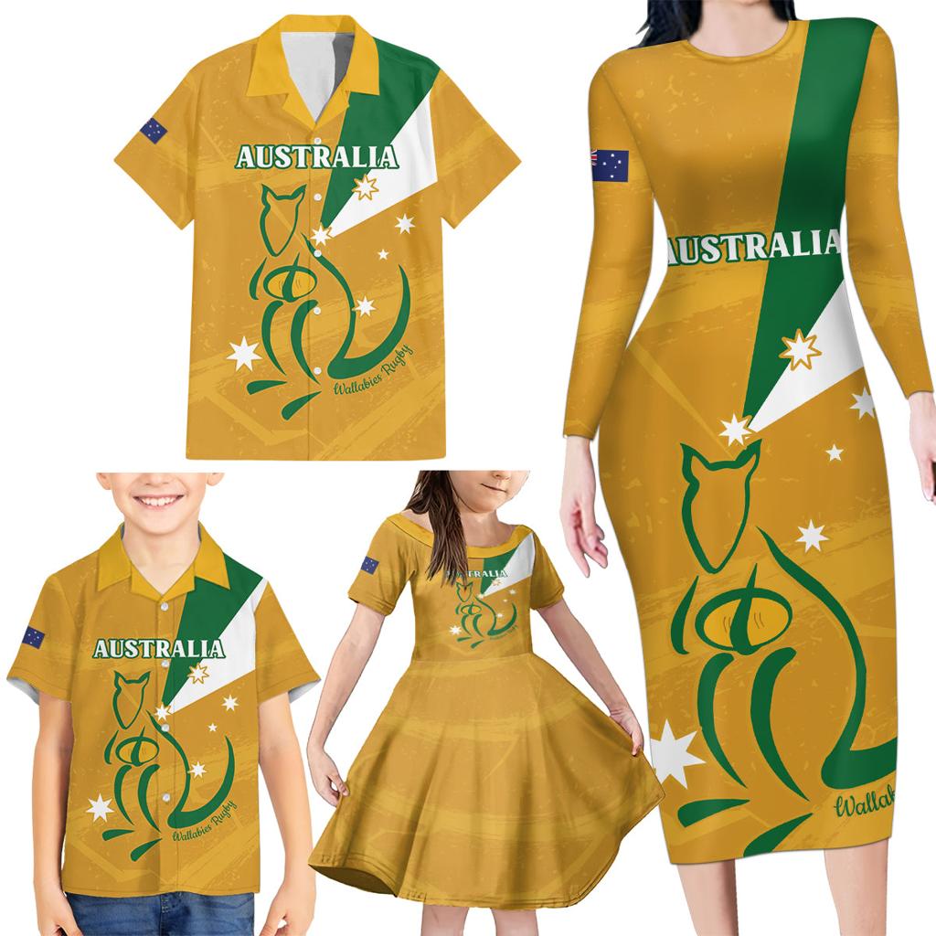 Custom Australia Rugby Family Matching Long Sleeve Bodycon Dress and Hawaiian Shirt 2024 Wallabies Grunge Style
