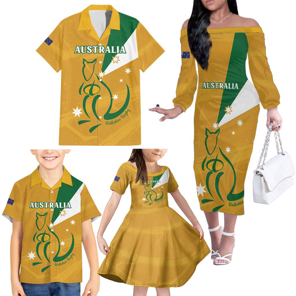 Custom Australia Rugby Family Matching Off The Shoulder Long Sleeve Dress and Hawaiian Shirt 2024 Wallabies Grunge Style