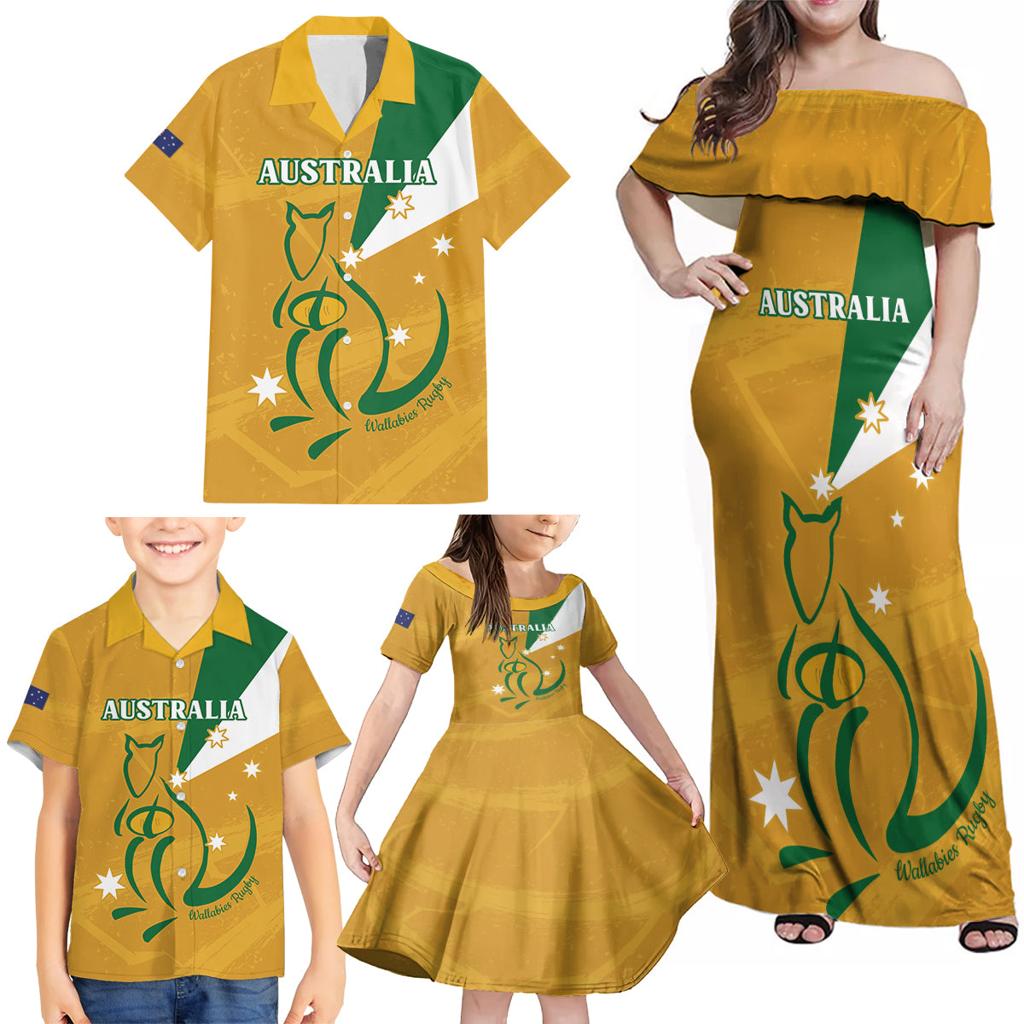 Custom Australia Rugby Family Matching Off Shoulder Maxi Dress and Hawaiian Shirt 2024 Wallabies Grunge Style