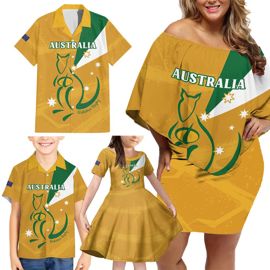 Custom Australia Rugby Family Matching Off Shoulder Short Dress and Hawaiian Shirt 2024 Wallabies Grunge Style