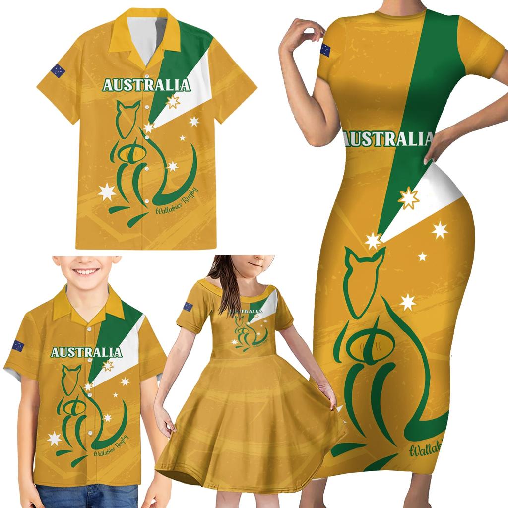 Custom Australia Rugby Family Matching Short Sleeve Bodycon Dress and Hawaiian Shirt 2024 Wallabies Grunge Style