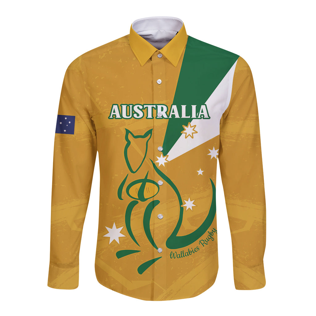 Custom Australia Rugby Long Sleeve Button Shirt 2024 Wallabies Grunge Style