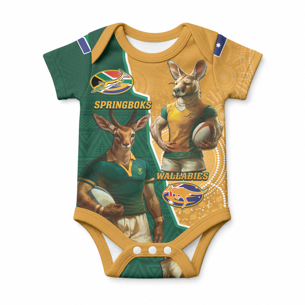 Personalised South Africa And Australia Rugby Baby Onesie Springboks Wallabies Mascots Together