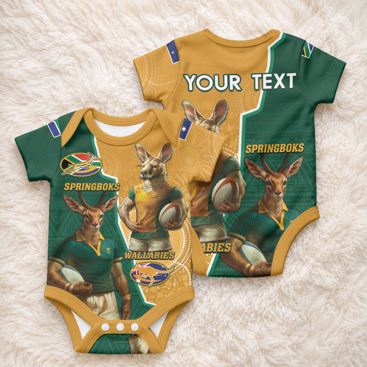 Personalised South Africa And Australia Rugby Baby Onesie Springboks Wallabies Mascots Together