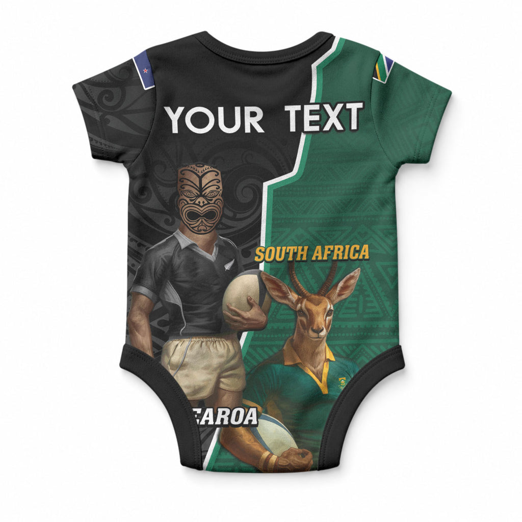 Personalised New Zealand And South Africa Rugby Baby Onesie All Black Springboks Mascots Together