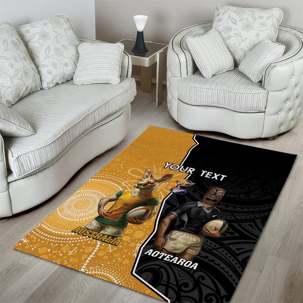 Personalised New Zealand And Australia Rugby Area Rug 2024 All Black Wallabies Mascots Together