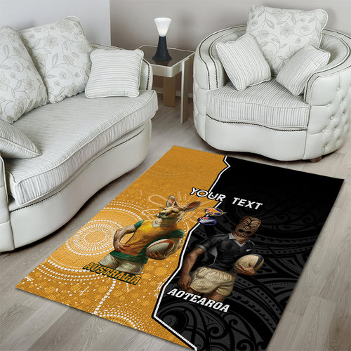 Personalised New Zealand And Australia Rugby Area Rug 2024 All Black Wallabies Mascots Together