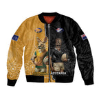 Personalised New Zealand And Australia Rugby Bomber Jacket 2024 All Black Wallabies Mascots Together