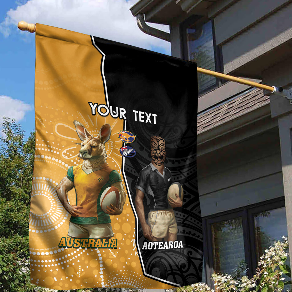 Personalised New Zealand And Australia Rugby Garden Flag 2024 All Black Wallabies Mascots Together