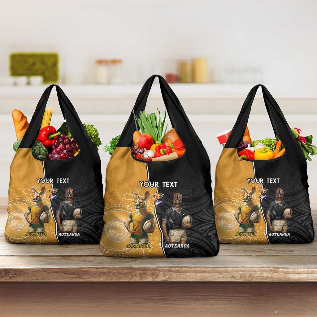 Personalised New Zealand And Australia Rugby Grocery Bag All Black Wallabies Mascots Together
