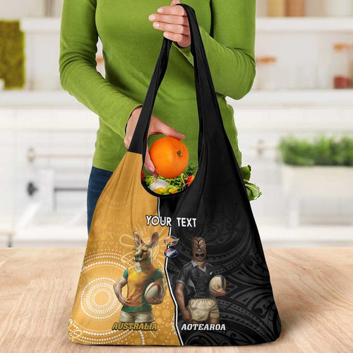 Personalised New Zealand And Australia Rugby Grocery Bag All Black Wallabies Mascots Together