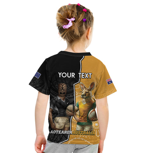 Personalised New Zealand And Australia Rugby Kid T Shirt 2024 All Black Wallabies Mascots Together