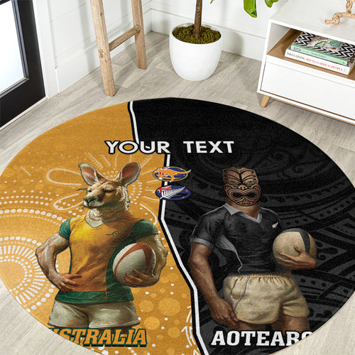 Personalised New Zealand And Australia Rugby Round Carpet 2024 All Black Wallabies Mascots Together
