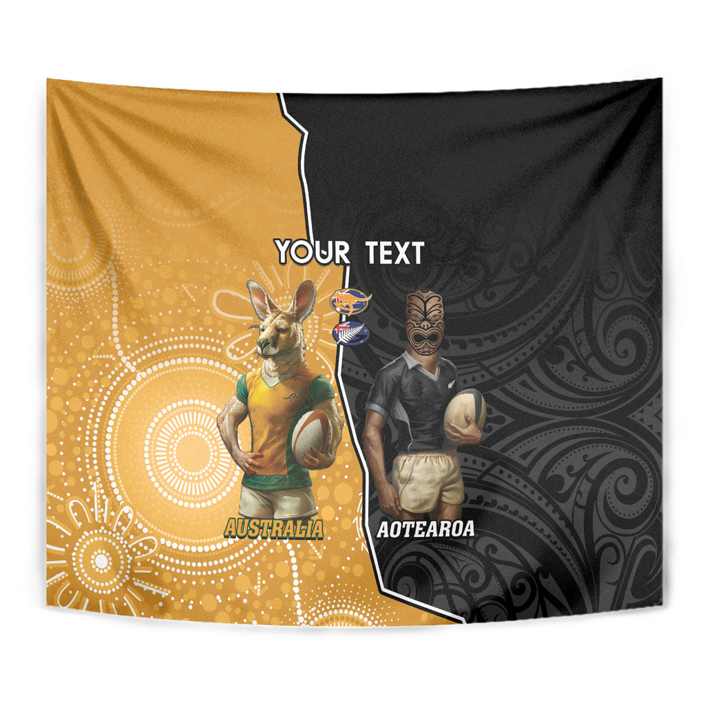 Personalised New Zealand And Australia Rugby Tapestry 2024 All Black Wallabies Mascots Together