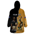 Personalised New Zealand And Australia Rugby Wearable Blanket Hoodie 2024 All Black Wallabies Mascots Together