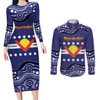 Personalised Ngarrindjeri Nation Couples Matching Long Sleeve Bodycon Dress and Long Sleeve Button Shirt Aboriginal Australian Flag Style