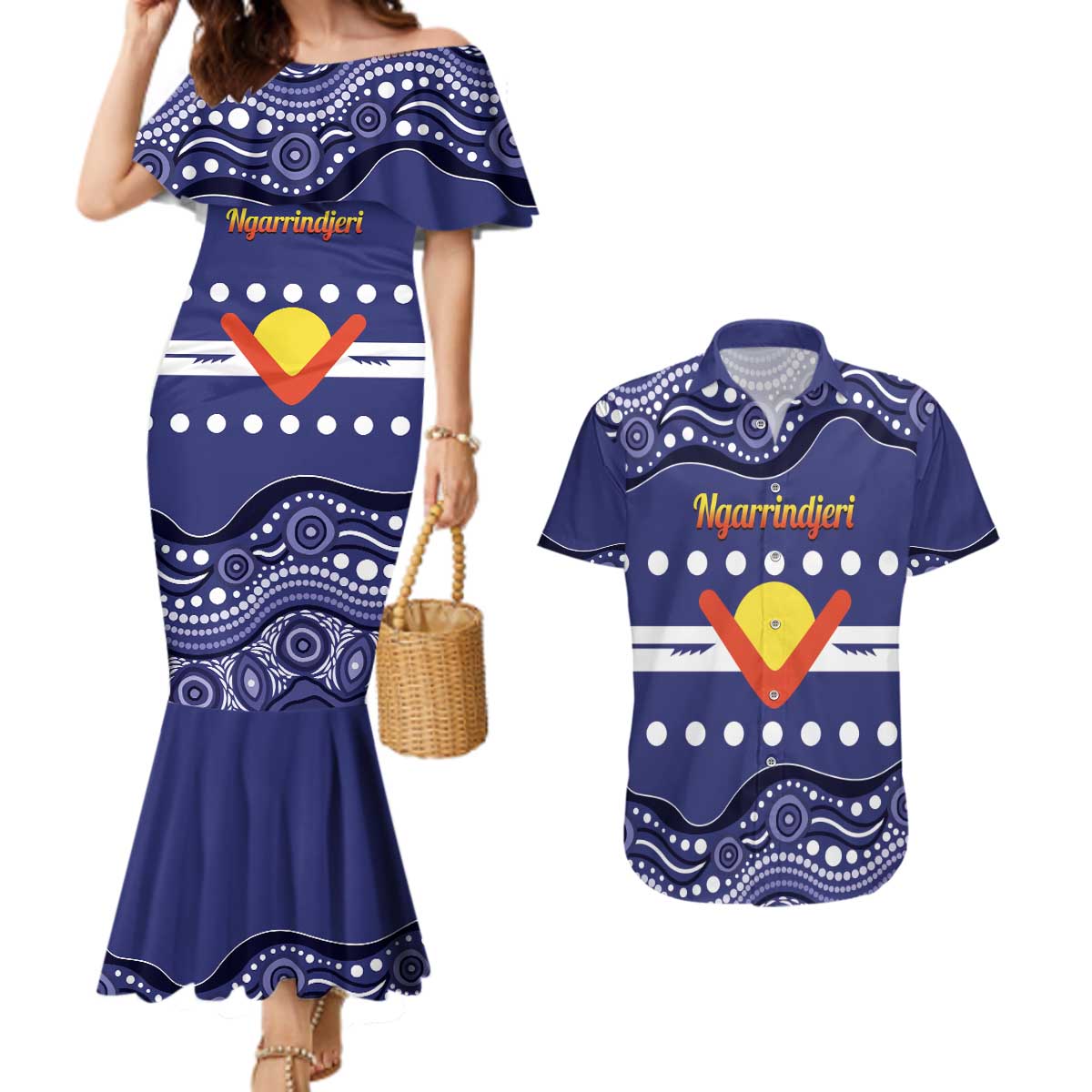 Personalised Ngarrindjeri Nation Couples Matching Mermaid Dress and Hawaiian Shirt Aboriginal Australian Flag Style