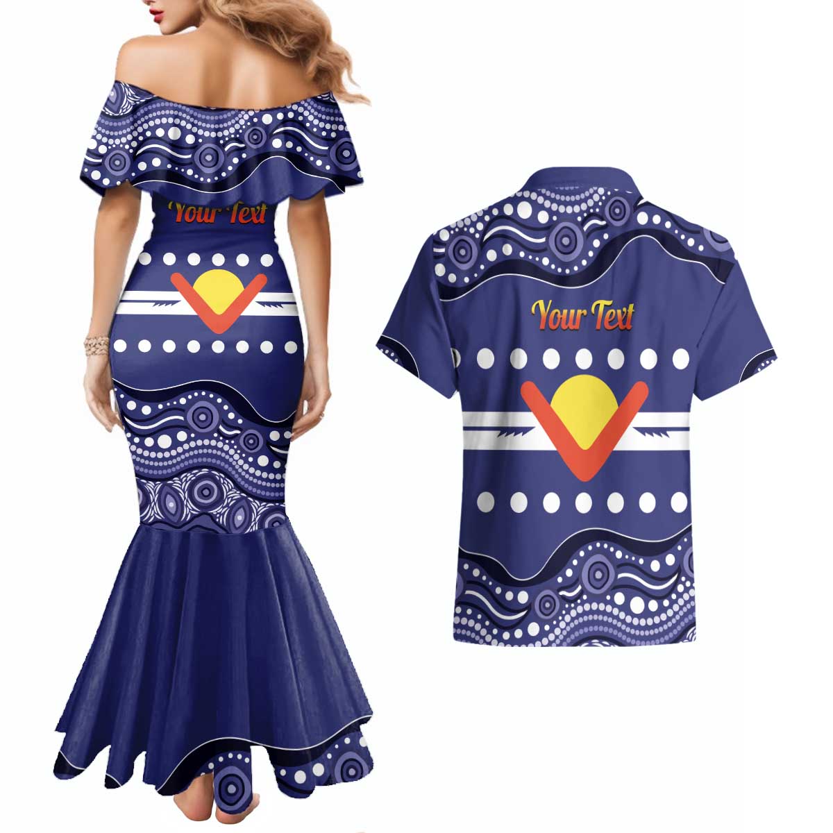 Personalised Ngarrindjeri Nation Couples Matching Mermaid Dress and Hawaiian Shirt Aboriginal Australian Flag Style