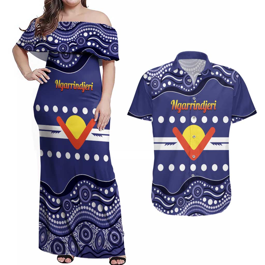Personalised Ngarrindjeri Nation Couples Matching Off Shoulder Maxi Dress and Hawaiian Shirt Aboriginal Australian Flag Style