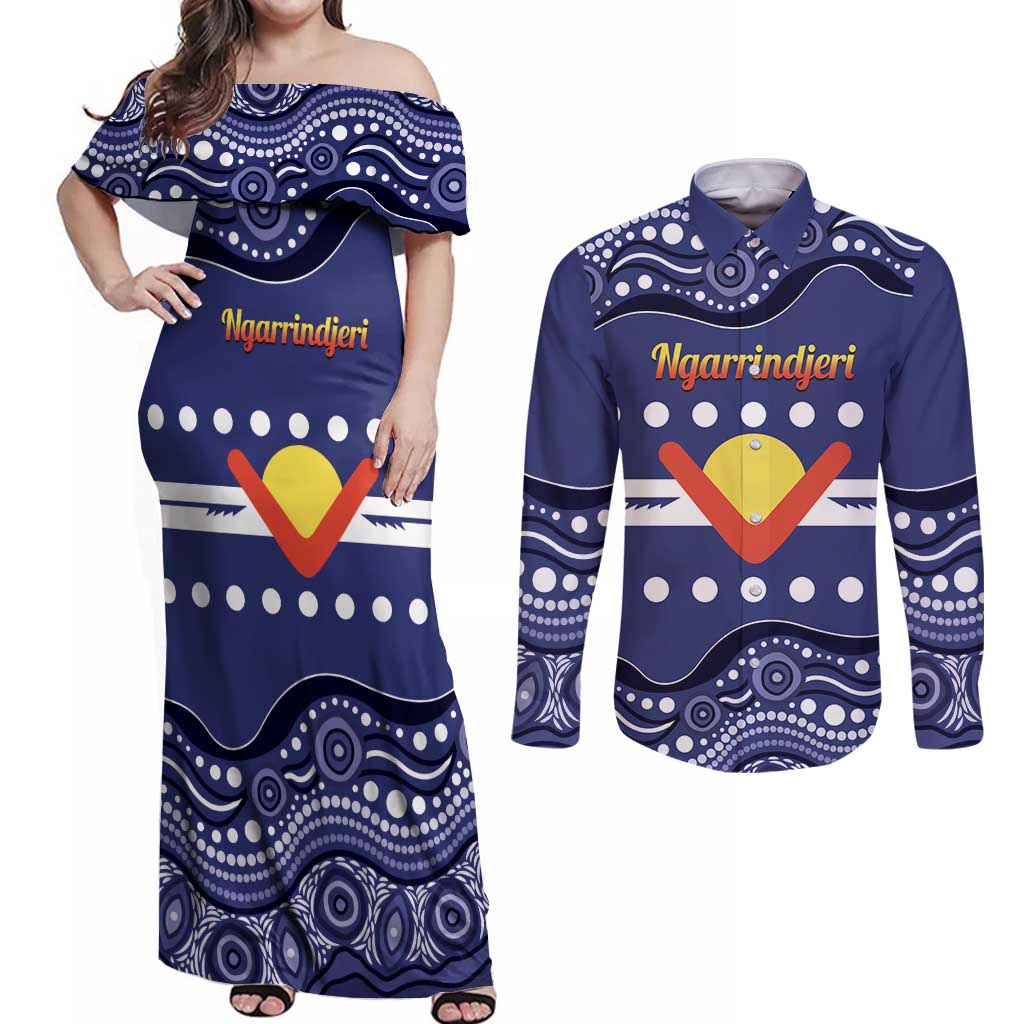 Personalised Ngarrindjeri Nation Couples Matching Off Shoulder Maxi Dress and Long Sleeve Button Shirt Aboriginal Australian Flag Style