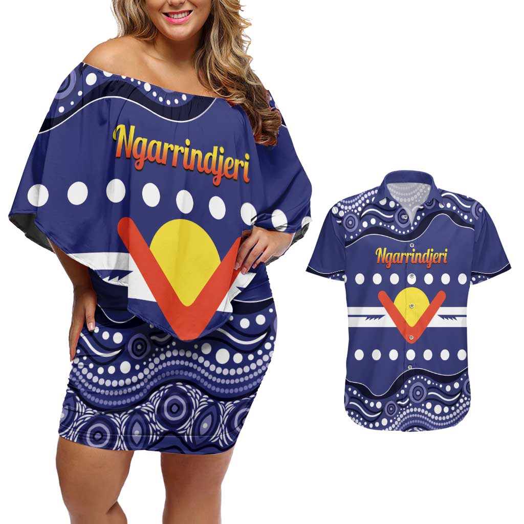 Personalised Ngarrindjeri Nation Couples Matching Off Shoulder Short Dress and Hawaiian Shirt Aboriginal Australian Flag Style