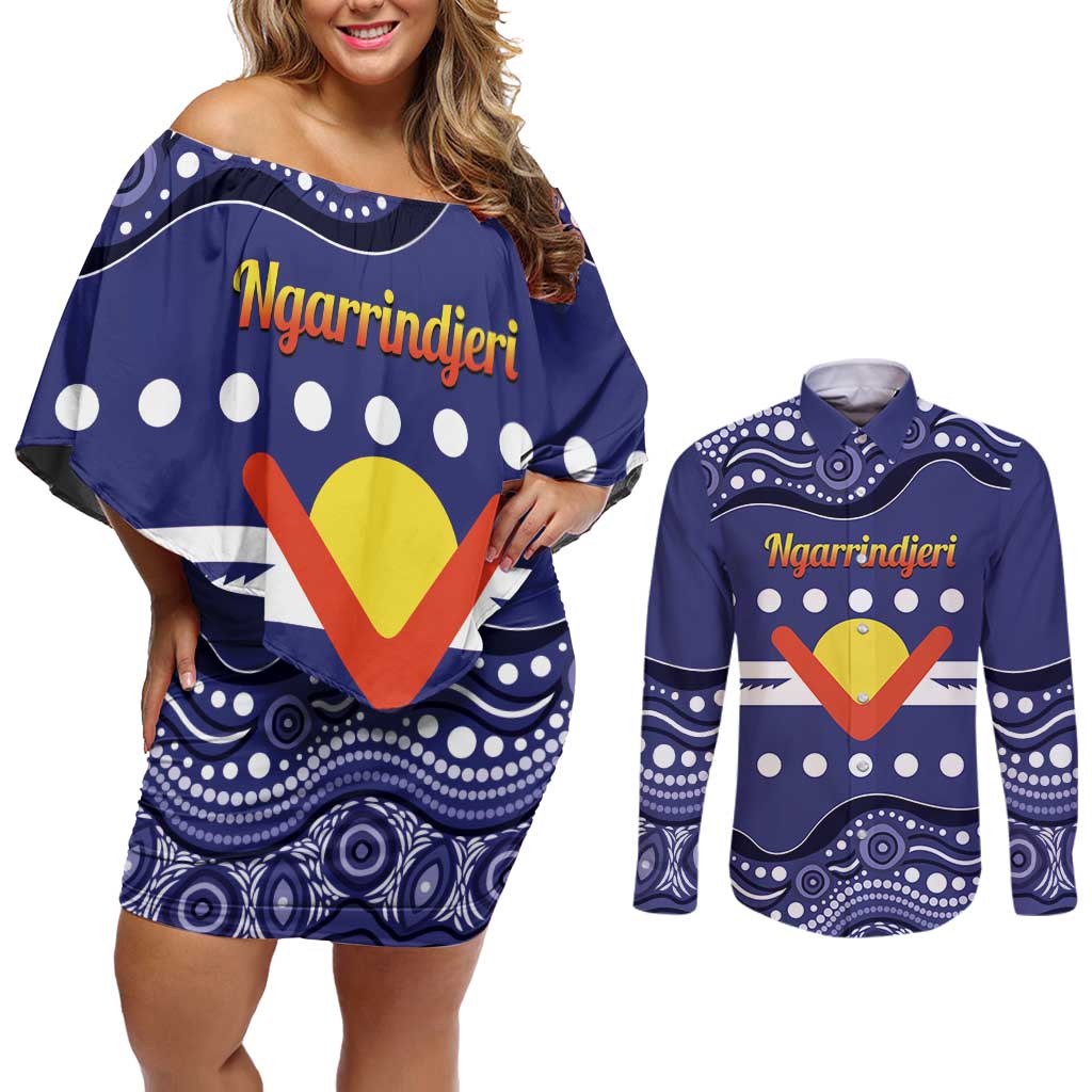 Personalised Ngarrindjeri Nation Couples Matching Off Shoulder Short Dress and Long Sleeve Button Shirt Aboriginal Australian Flag Style