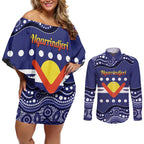 Personalised Ngarrindjeri Nation Couples Matching Off Shoulder Short Dress and Long Sleeve Button Shirt Aboriginal Australian Flag Style