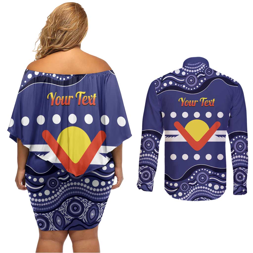 Personalised Ngarrindjeri Nation Couples Matching Off Shoulder Short Dress and Long Sleeve Button Shirt Aboriginal Australian Flag Style