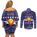 Personalised Ngarrindjeri Nation Couples Matching Off Shoulder Short Dress and Long Sleeve Button Shirt Aboriginal Australian Flag Style