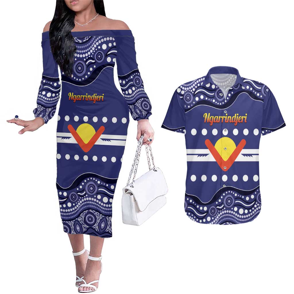 Personalised Ngarrindjeri Nation Couples Matching Off The Shoulder Long Sleeve Dress and Hawaiian Shirt Aboriginal Australian Flag Style