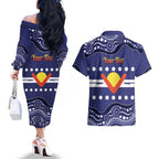 Personalised Ngarrindjeri Nation Couples Matching Off The Shoulder Long Sleeve Dress and Hawaiian Shirt Aboriginal Australian Flag Style