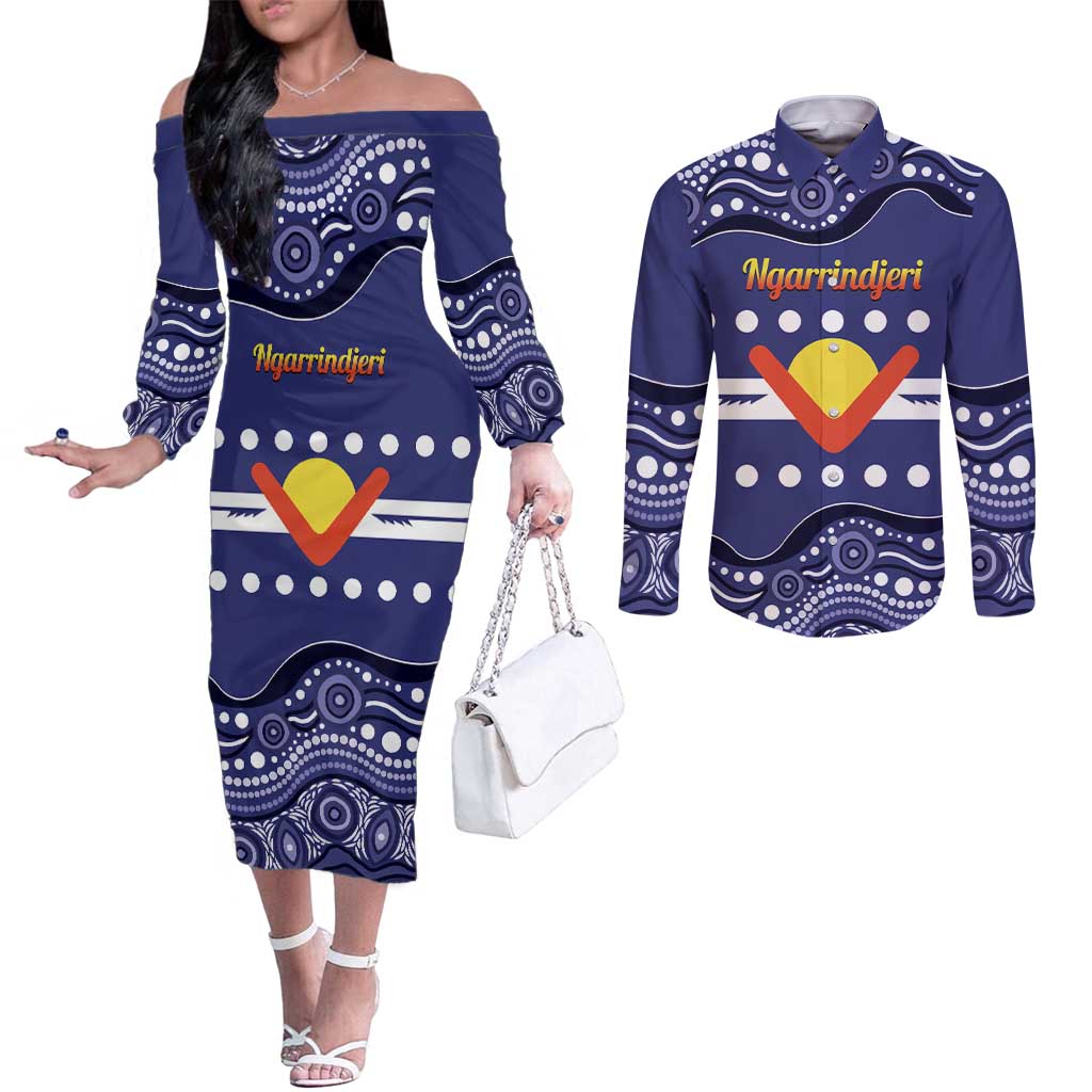 Personalised Ngarrindjeri Nation Couples Matching Off The Shoulder Long Sleeve Dress and Long Sleeve Button Shirt Aboriginal Australian Flag Style