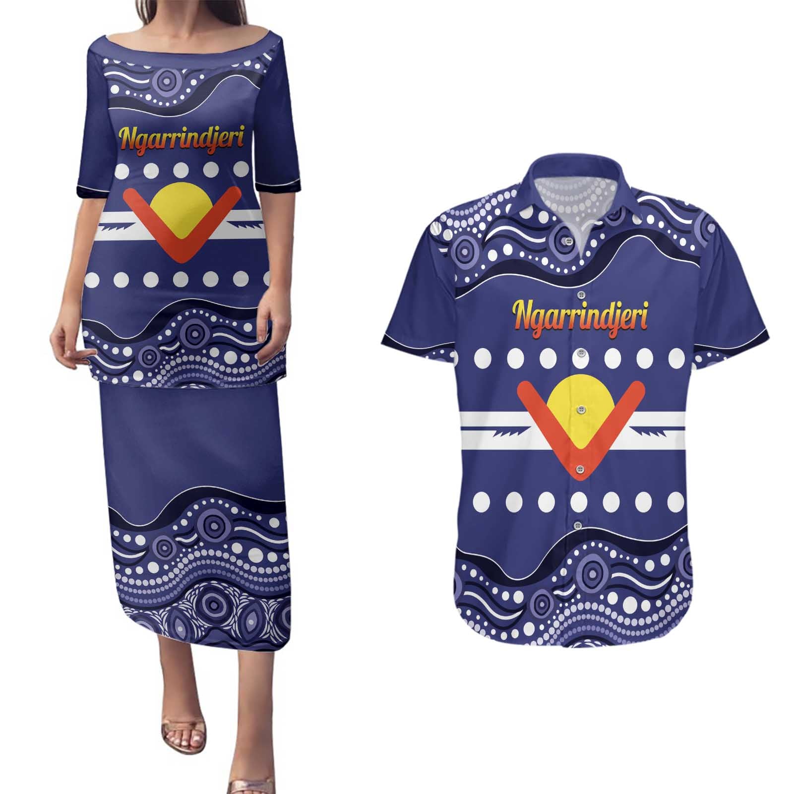 Personalised Ngarrindjeri Nation Couples Matching Puletasi and Hawaiian Shirt Aboriginal Australian Flag Style