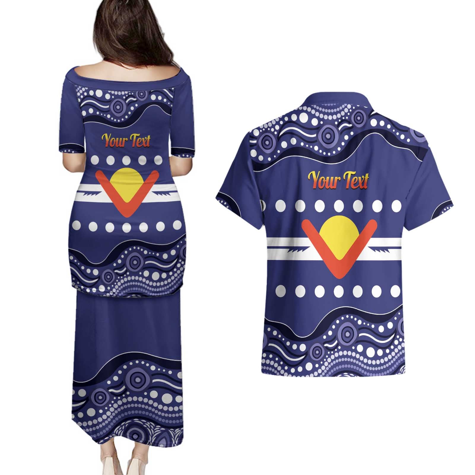 Personalised Ngarrindjeri Nation Couples Matching Puletasi and Hawaiian Shirt Aboriginal Australian Flag Style