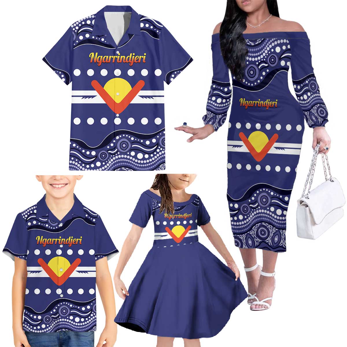 Personalised Ngarrindjeri Nation Family Matching Off The Shoulder Long Sleeve Dress and Hawaiian Shirt Aboriginal Australian Flag Style