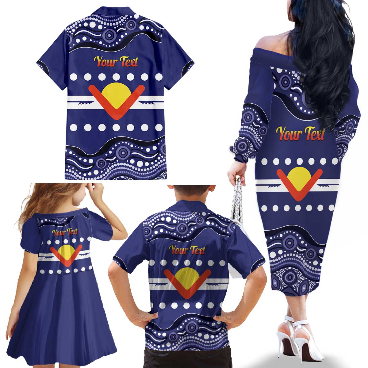 Personalised Ngarrindjeri Nation Family Matching Off The Shoulder Long Sleeve Dress and Hawaiian Shirt Aboriginal Australian Flag Style