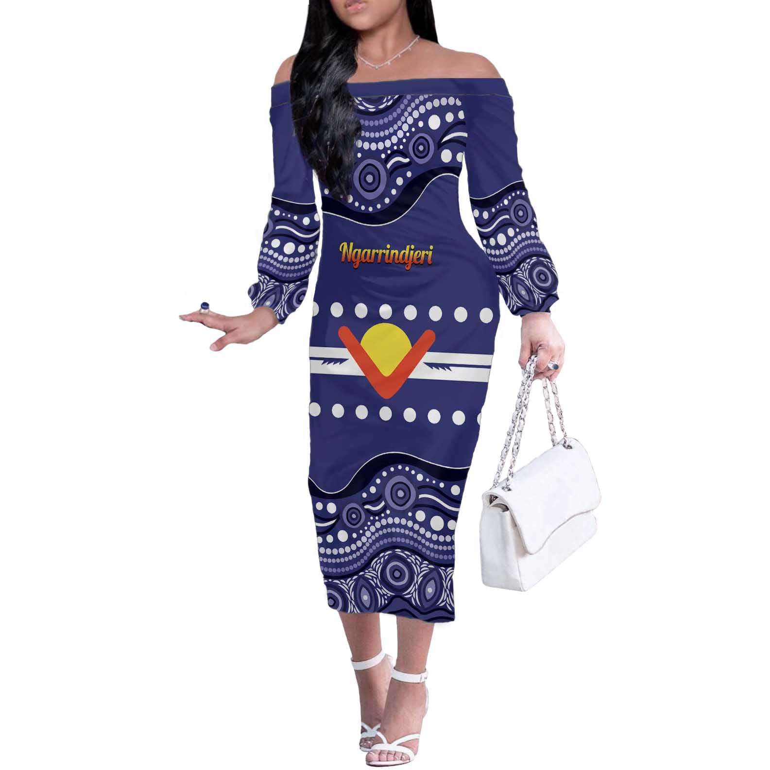 Personalised Ngarrindjeri Nation Off The Shoulder Long Sleeve Dress Aboriginal Australian Flag Style