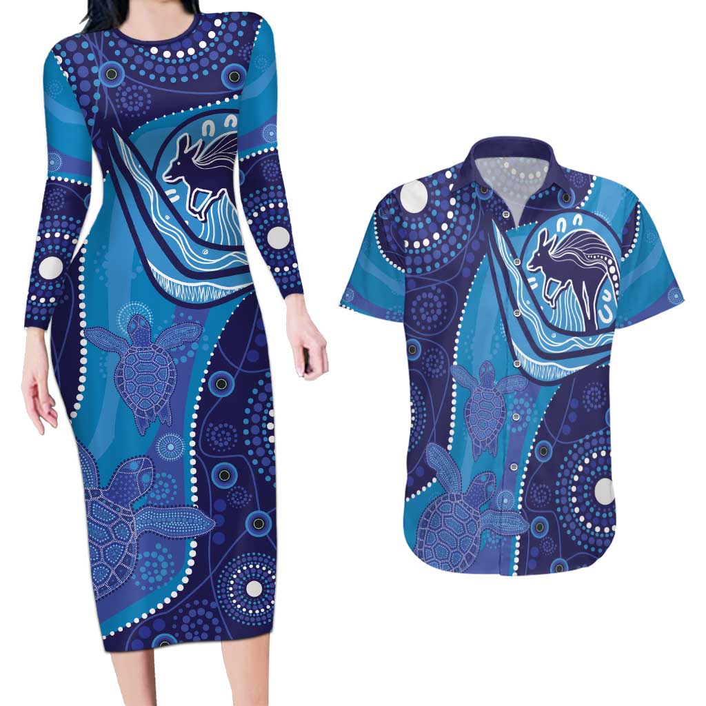 Australia Ngarrindjeri Couples Matching Long Sleeve Bodycon Dress and Hawaiian Shirt Animal Aboriginal Art