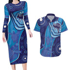 Australia Ngarrindjeri Couples Matching Long Sleeve Bodycon Dress and Hawaiian Shirt Animal Aboriginal Art