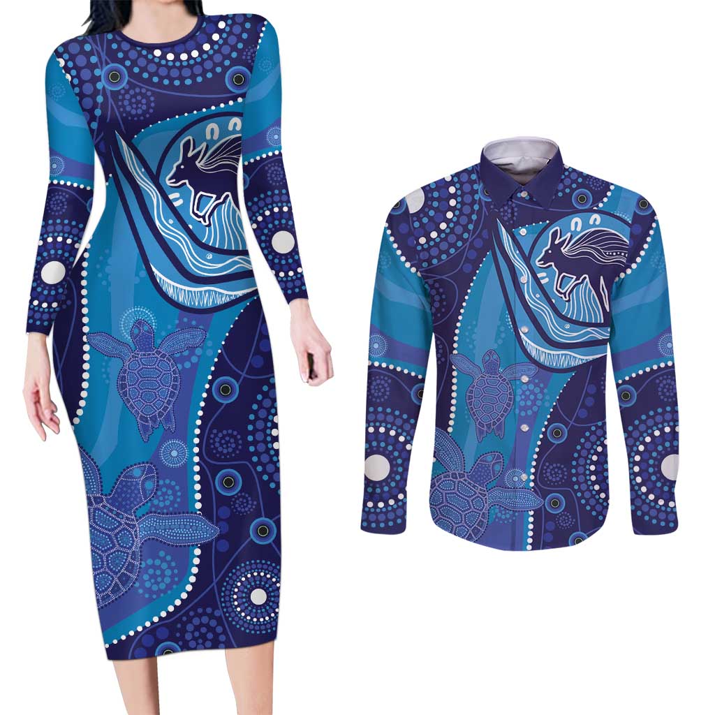 Australia Ngarrindjeri Couples Matching Long Sleeve Bodycon Dress and Long Sleeve Button Shirt Animal Aboriginal Art