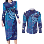 Australia Ngarrindjeri Couples Matching Long Sleeve Bodycon Dress and Long Sleeve Button Shirt Animal Aboriginal Art