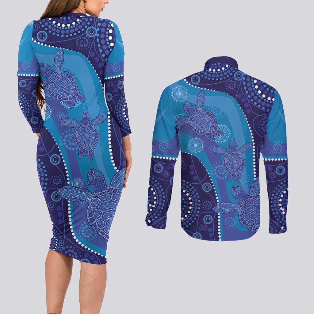 Australia Ngarrindjeri Couples Matching Long Sleeve Bodycon Dress and Long Sleeve Button Shirt Animal Aboriginal Art