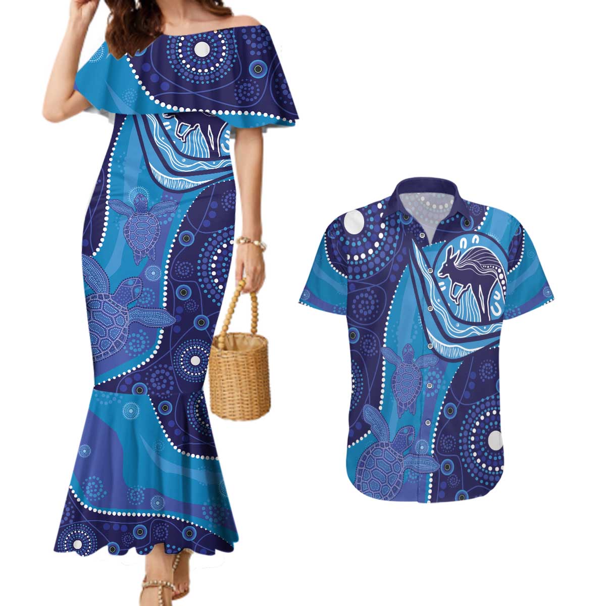 Australia Ngarrindjeri Couples Matching Mermaid Dress and Hawaiian Shirt Animal Aboriginal Art