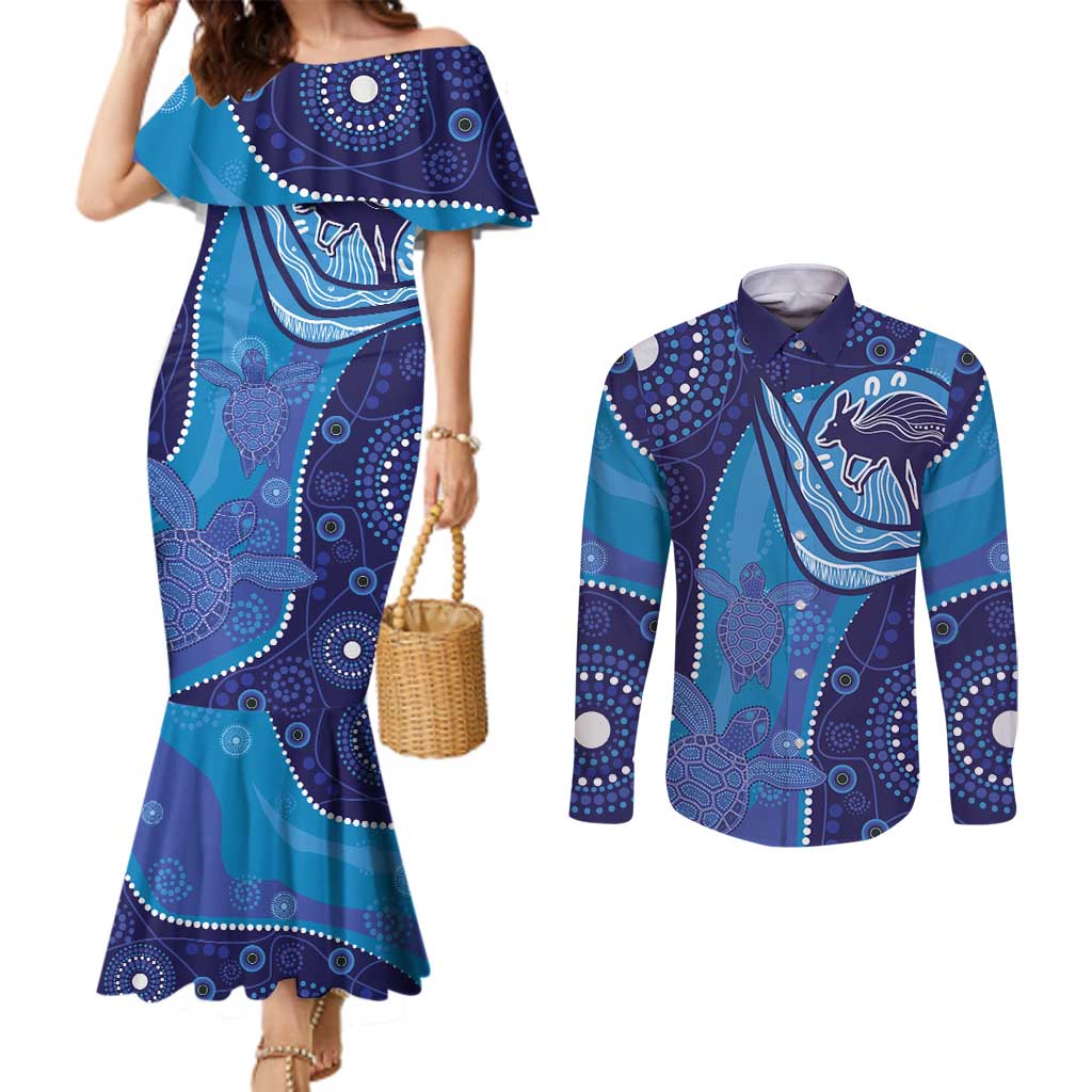 Australia Ngarrindjeri Couples Matching Mermaid Dress and Long Sleeve Button Shirt Animal Aboriginal Art