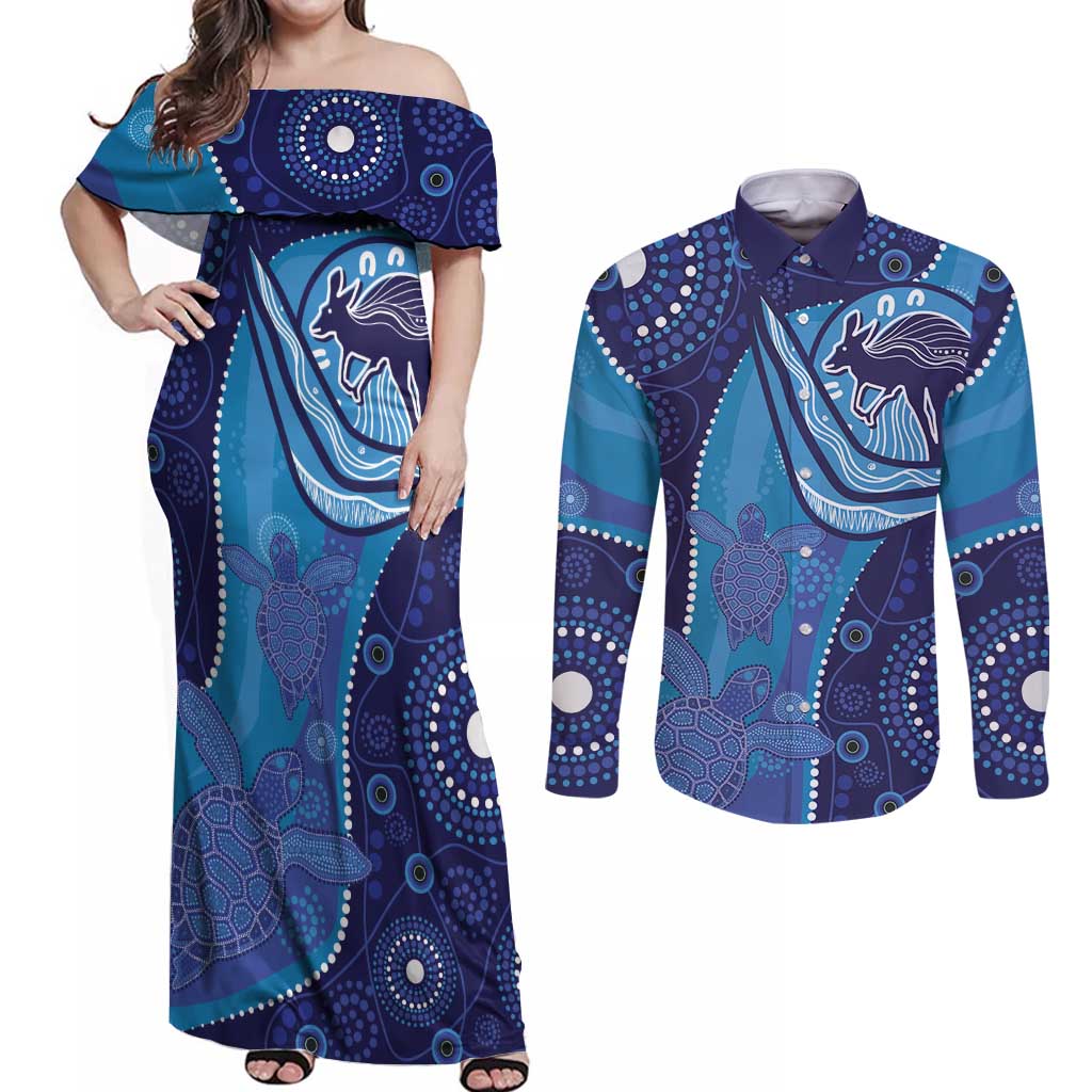Australia Ngarrindjeri Couples Matching Off Shoulder Maxi Dress and Long Sleeve Button Shirt Animal Aboriginal Art