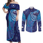 Australia Ngarrindjeri Couples Matching Off Shoulder Maxi Dress and Long Sleeve Button Shirt Animal Aboriginal Art
