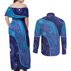 Australia Ngarrindjeri Couples Matching Off Shoulder Maxi Dress and Long Sleeve Button Shirt Animal Aboriginal Art