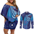 Australia Ngarrindjeri Couples Matching Off Shoulder Short Dress and Long Sleeve Button Shirt Animal Aboriginal Art